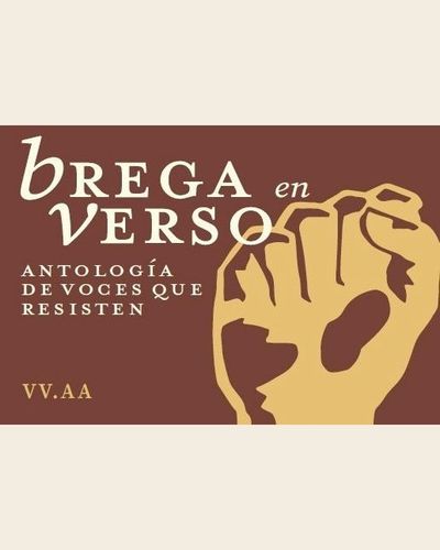 Portada de Brega en verso: un puño alzado sobre fondo granate